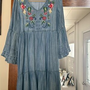 Soft Surroundings Blue Dress with Floral Embroidery